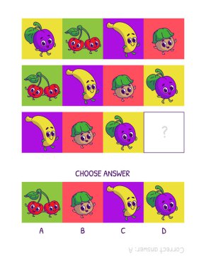 Tatlı erik, kiraz, muz, fındık. Çocuklar için mantık oyunu okul öncesi çalışma programı aktivitesi, mantıksal düşünce ve aklın geliştirilmesi görevi. Komik karikatür meyveleri ve sebzeler.