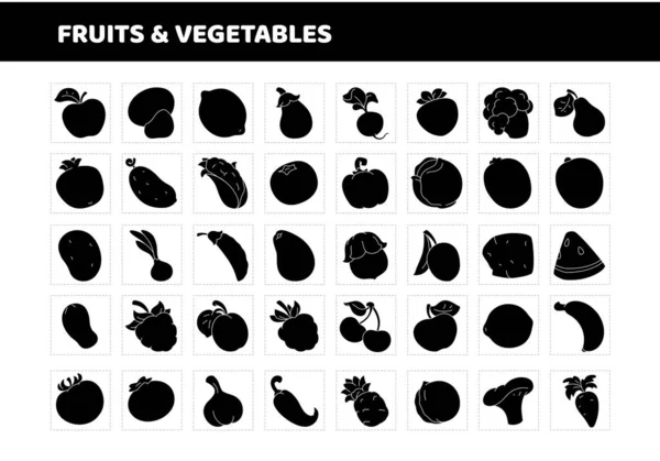 Frutas Legumes Conjunto Ícone Plana Sólida Silhueta Preta — Vetor de Stock