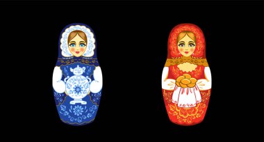Rus bebek yuvası. Matrioshka ya da Rus Babuşka bebeği. Boyalı süs matrioshka. Siyah arkaplanda vektör illüstrasyonu.
