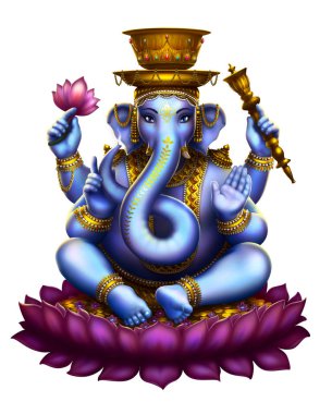 Beyaz arka planda nargile tanrısı Ganesha nilüfer pozisyonunda oturuyor ve tütsü dumanı tütütüyor. Yüksek çözünürlüklü. Mavi fil.