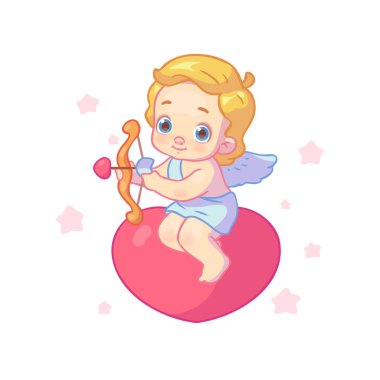 Sevimli aşk tanrısı ya da melek bir kalbe oturur ve beyaz izole bir arka planda aşk oku atar. Sevgililer Günü. Canlandırma için karakter.