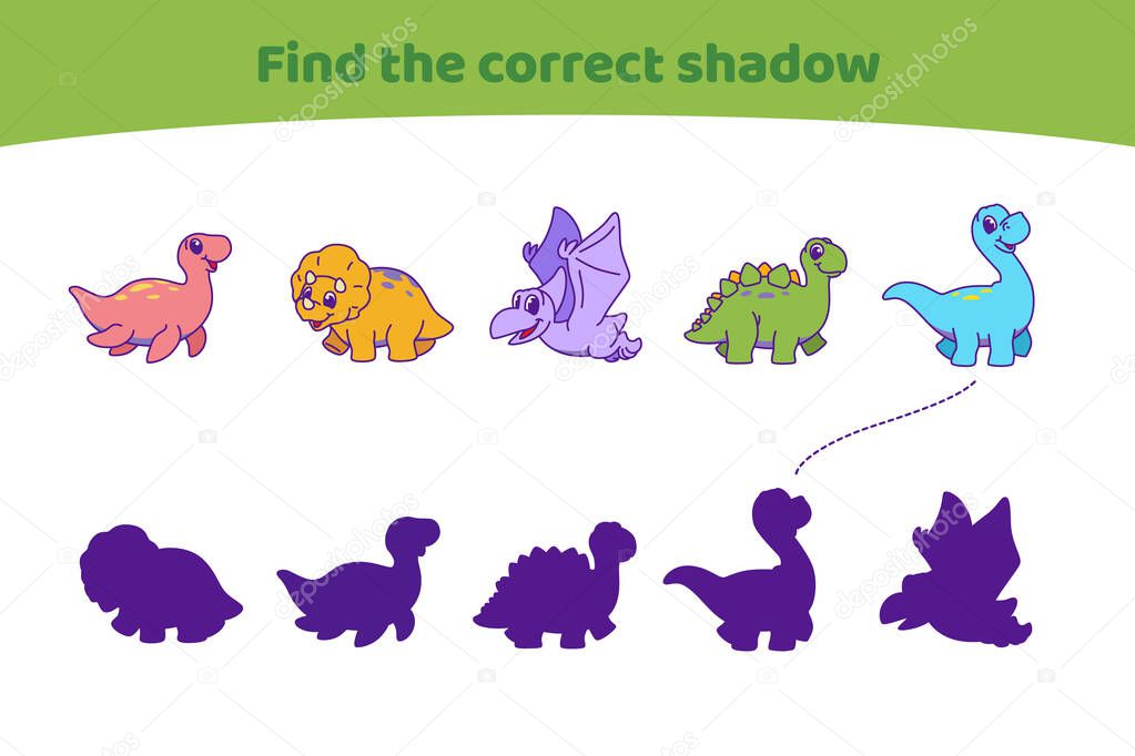 Cute dinosaurs. Find the correct shadow. Find the right path to silhouette. Educational game for children. Cartoon vector illustration.