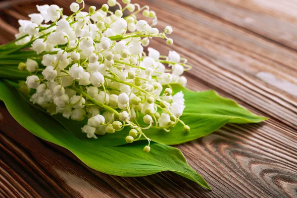 Bouquet of lily of the valley flowers on wooden background: spring time concept