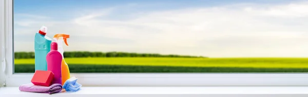Produtos Limpeza Banner Web Windowsill Com Espaço Cópia Conceito Limpeza — Fotografia de Stock
