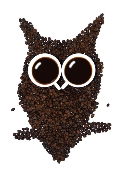A funny owl made of roasted coffee beans and two cups on white background.