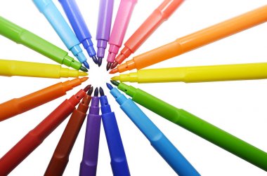 Üstten Görünüm işaretçileri. MultiColors marker kalem izole beyaz arka plan üzerinde.