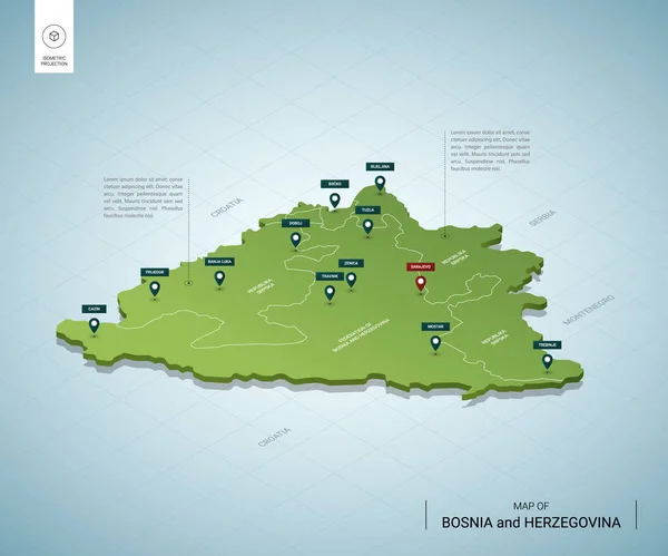 Mapa estilizado da Bósnia e Herzegovina. Isométrico 3D —  Vetores de Stock