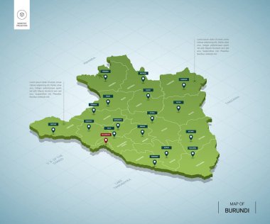 Burundi 'nin stilize edilmiş haritası. Isometric 3d