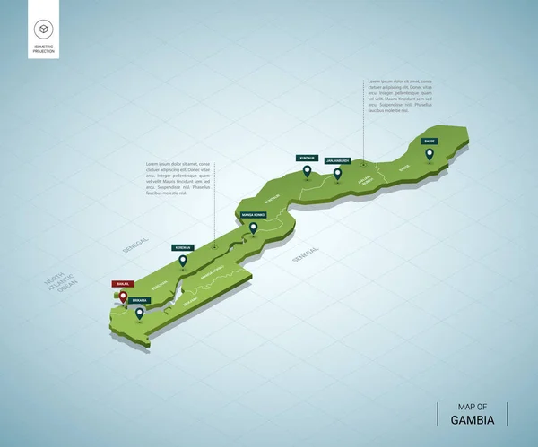 Mappa stilizzata del Gambia. 3D isometrico — Vettoriale Stock
