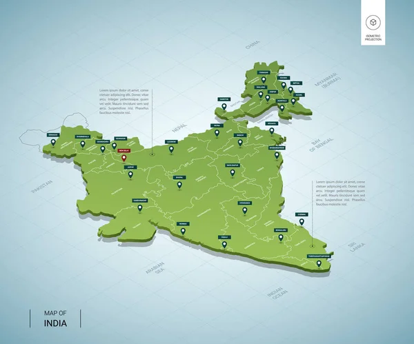 Mapa estilizado de la India. 3D isométrico — Archivo Imágenes Vectoriales