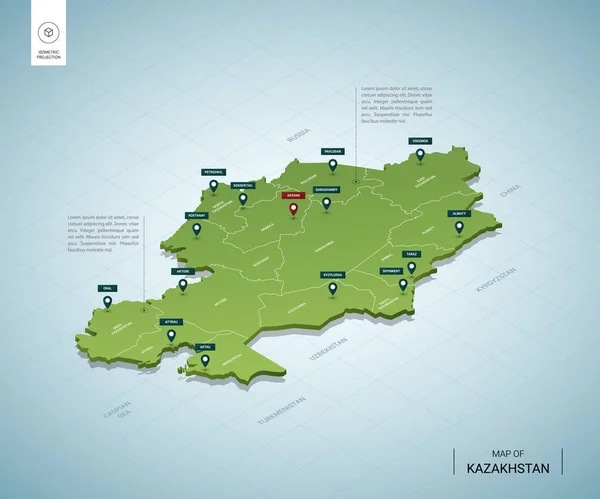 Mapa estilizado do Cazaquistão. Isométrico 3D —  Vetores de Stock