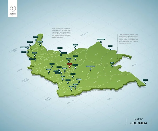 Mapa estilizado de Colombia. 3D isométrico — Archivo Imágenes Vectoriales