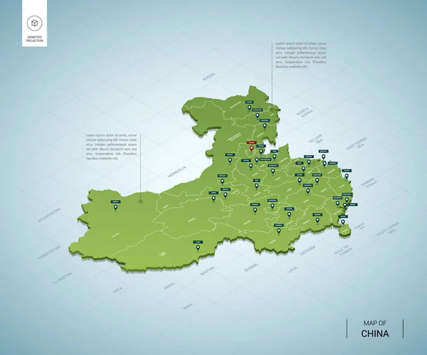 Mapa estilizado de China. 3D isométrico — Vector de stock