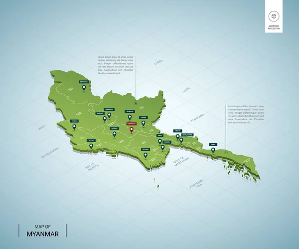 Mapa estilizado de Myanmar. 3D isométrico — Vector de stock