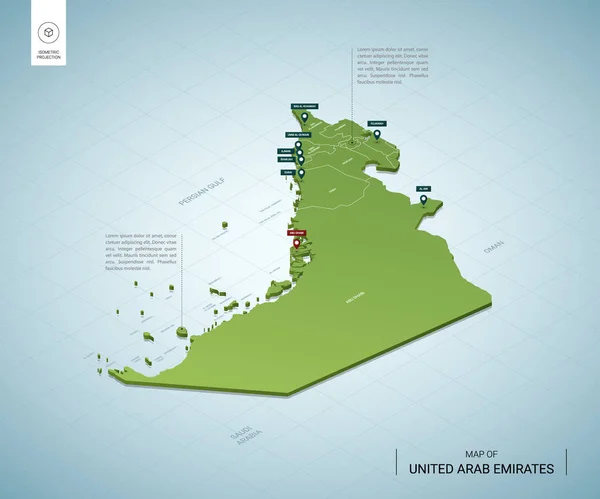 Mapa Estilizado Emiratos Árabes Unidos Isométrico Mapa Verde Con Ciudades — Vector de stock