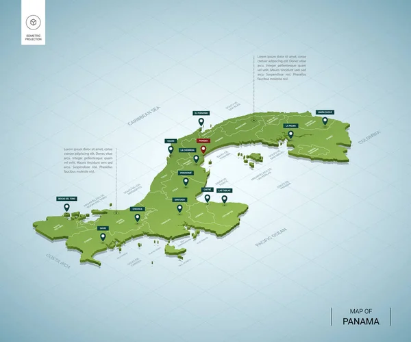 Mapa Estilizado Panamá Isométrico Mapa Verde Con Ciudades Fronteras Capital — Archivo Imágenes Vectoriales