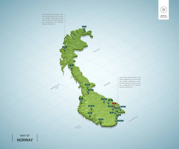 Mapa Estilizado Noruega Isométrico Mapa Verde Con Ciudades Fronteras Capital — Vector de stock