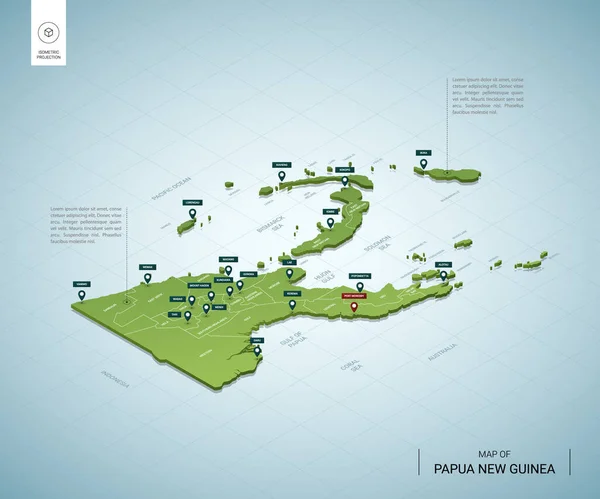 Mapa Estilizado Papúa Nueva Guinea Isométrico Mapa Verde Con Ciudades — Vector de stock