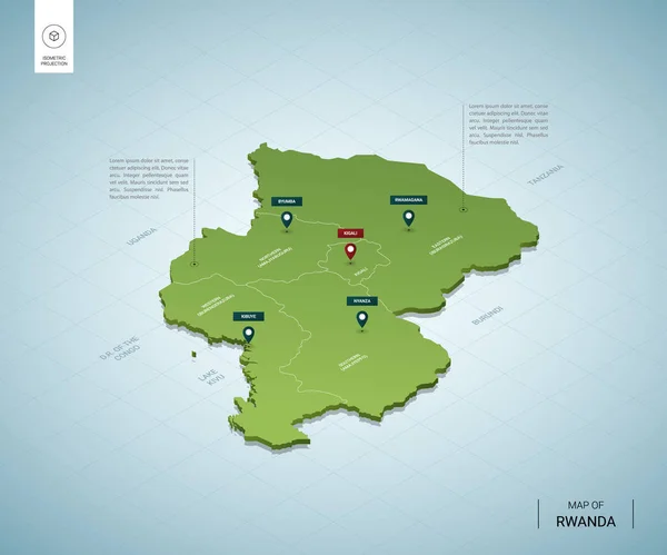 Stylized Map Rwanda Isometric Green Map Cities Borders Capital Kigali — Stock Vector