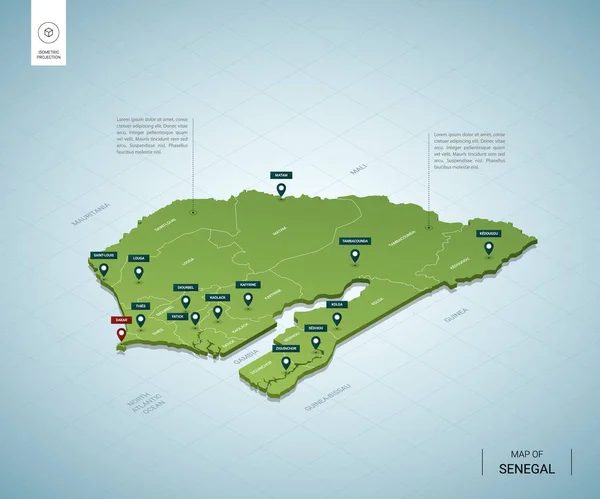 Mapa Estilizado Senegal Isométrico Mapa Verde Con Ciudades Fronteras Capital — Vector de stock