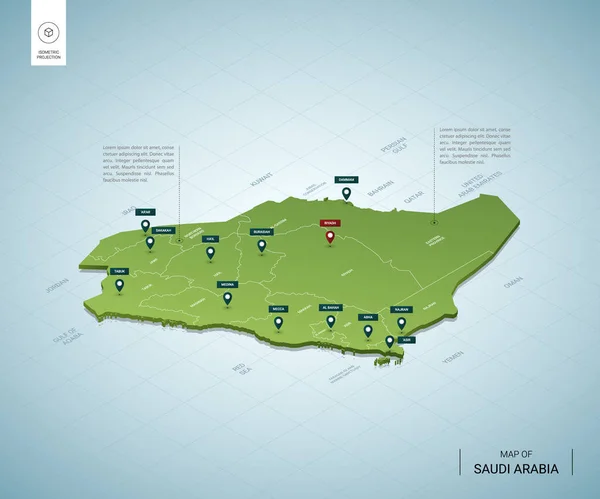 Mapa Estilizado Arabia Saudita Isométrico Mapa Verde Con Ciudades Fronteras — Vector de stock