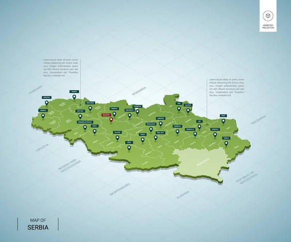 セルビア様式の地図 首都ベオグラード 地域と等価3Dグリーンマップ ベクトルイラスト 編集可能なレイヤーが明確にラベル付けされています — ストックベクタ
