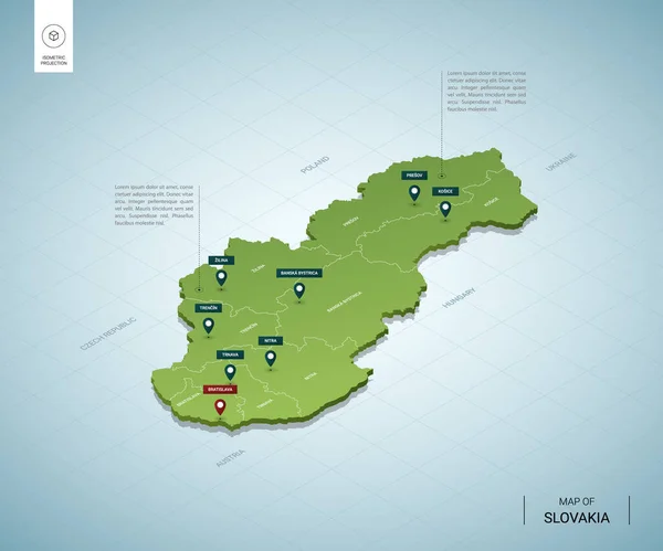 Stylized map of Slovakia. Isometric 3D green map with cities, borders, capital Bratislava, regions. Vector illustration. Editable layers clearly labeled. English language