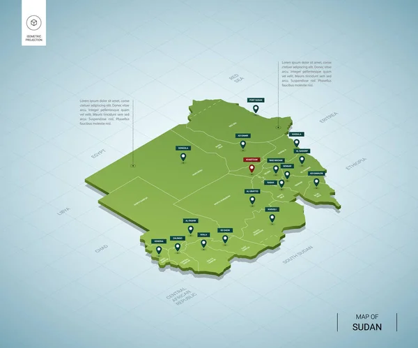 Stylized map of Sudan. Isometric 3D green map with cities, borders, capital Khartoum, regions. Vector illustration. Editable layers clearly labeled. English language