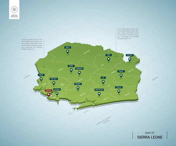Mapa Estilizado Sierra Leona Isométrico Mapa Verde Con Ciudades Fronteras — Vector de stock