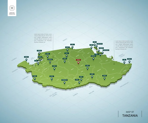 Stilisierte Landkarte Von Tansania Isometrische Grüne Karte Mit Städten Grenzen — Stockvektor