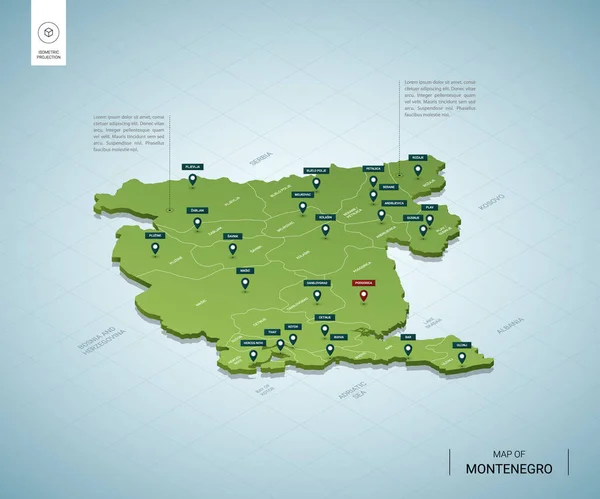 Stylizowana Mapa Czarnogóry Izometryczna Zielona Mapa Miastami Granicami Stolicą Podgoricy — Wektor stockowy