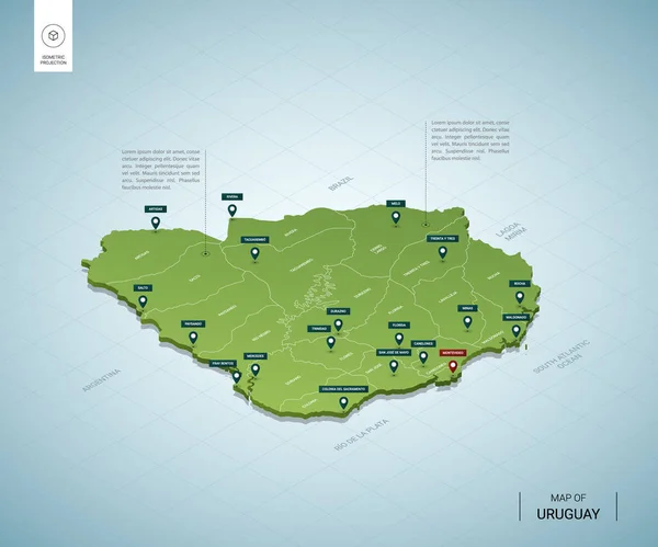乌拉圭的格式化地图 具有城市 首都蒙得维的亚和各区域的三维等距绿色地图 矢量图解 可编辑的图层有清晰的标签 英语语言 — 图库矢量图片