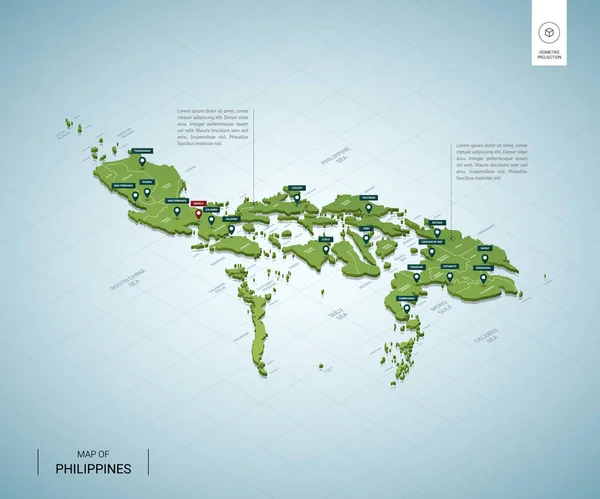 Fülöp Szigetek Stilizált Térképe Izometrikus Zöld Térkép Városokkal Határokkal Fővárossal — Stock Vector