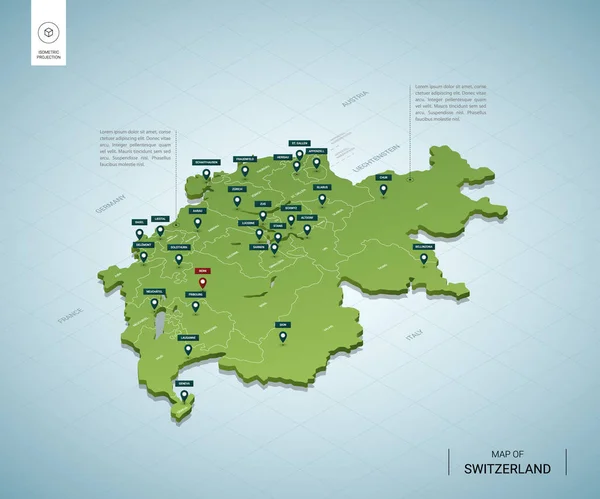 スイスの様式化された地図 首都ベルン 地域と等価3Dグリーンマップ ベクトルイラスト 編集可能なレイヤーが明確にラベル付けされています — ストックベクタ