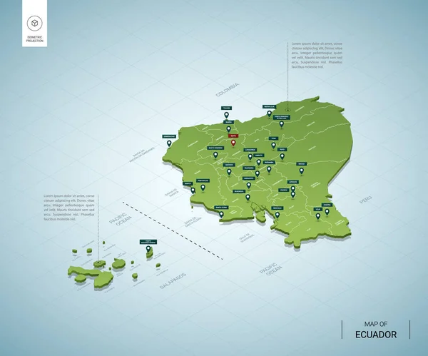 Stylizowana Mapa Ekwadoru Izometryczna Zielona Mapa Miastami Granicami Stolicą Quito — Wektor stockowy