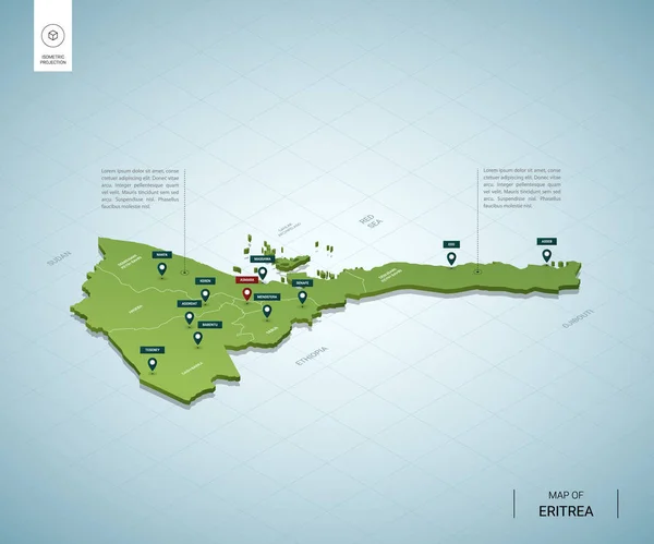 Mapa Estilizado Eritreia Isométrica Mapa Verde Com Cidades Fronteiras Capital —  Vetores de Stock