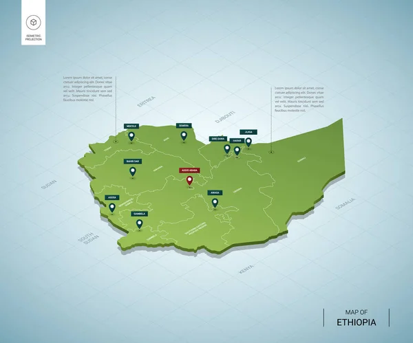Stylizowana Mapa Etiopii Izometryczna Zielona Mapa Miastami Granicami Stolicą Addis — Wektor stockowy