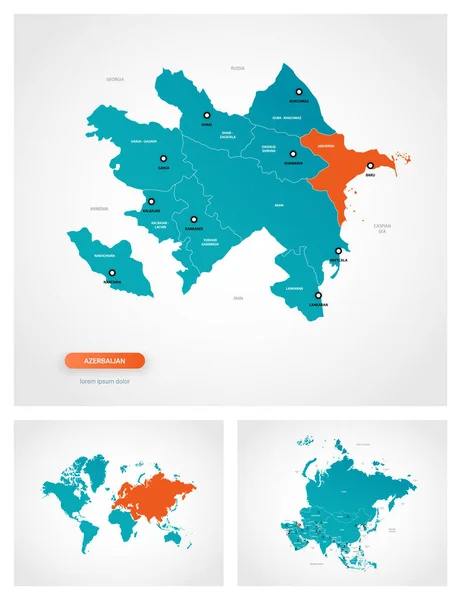 Üzerinde Işaretler Olan Düzenlenebilir Azerbaycan Haritası Dünya Haritasında Asya Haritasında — Stok Vektör