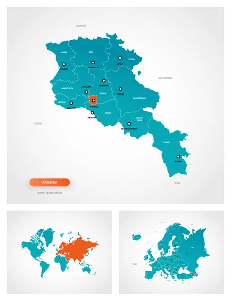Şaretli Düzenlenebilir Ermenistan Haritası Ermenistan Dünya Haritasında Avrupa Haritasında — Stok Vektör