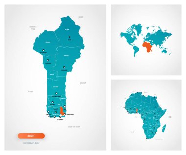 Benin 'in işaretli düzenlenebilir şablonu. Benin dünya haritasında ve Afrika haritasında.