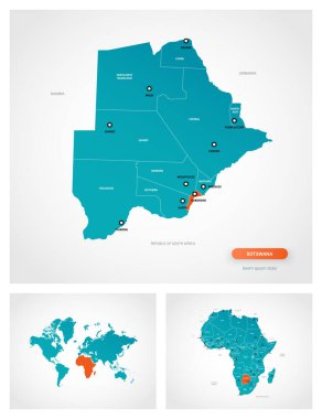 İşaretli Botswana haritasının düzenlenebilir şablonu. Botswana dünya haritasında ve Afrika haritasında.