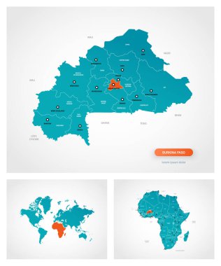 İşaretli Burkina Faso haritasının düzenlenebilir şablonu. Burkina Faso dünya haritasında ve Afrika haritasında.