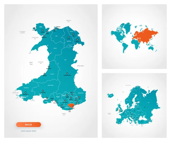 Upravitelná Šablona Mapy Walesu Značkami Wales Mapě Světa Mapě Evropy — Stockový vektor