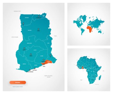 İşaretli Gana haritasının düzenlenebilir şablonu. Gana dünya haritasında ve Afrika haritasında.