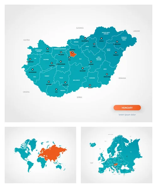 Plantilla Editable Mapa Hungría Con Marcas Hungría Mapa Mundial Mapa — Vector de stock