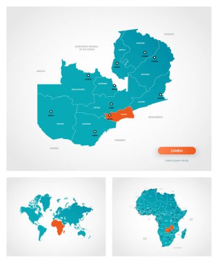Zambiya haritasının işaretli düzenlenebilir şablonu. Zambiya dünya haritasında ve Afrika haritasında.