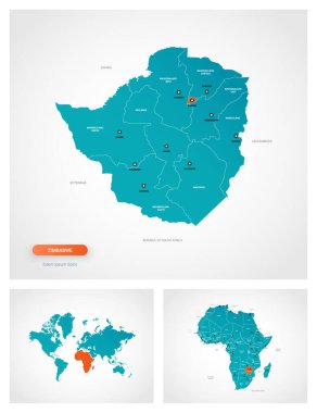 İşaretli Zimbabwe haritasının düzenlenebilir şablonu. Dünya haritasında ve Afrika haritasında Zimbabwe.