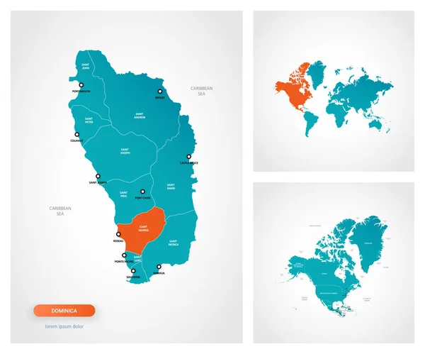 Upravitelná Šablona Mapy Dominiky Značkami Dominika Mapě Světa Mapě Severní — Stockový vektor