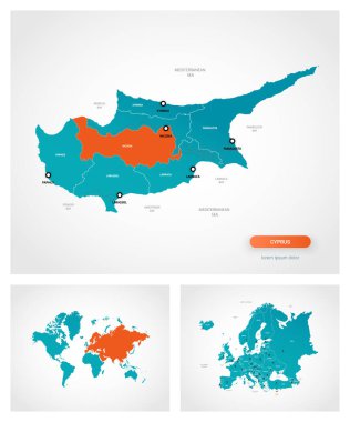 Üzerinde işaretler olan düzenlenebilir Kıbrıs haritası. Kıbrıs Rum Kesimi dünya haritasında ve Asya haritasında.