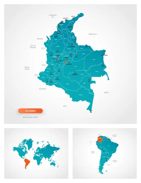 Üzerinde Işaretler Olan Düzenlenebilir Kolombiya Haritası Dünya Haritasında Güney Amerika — Stok Vektör